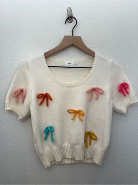 Luna Ivy Cropped Ivory Knit Bow Sweater Short Sleeve Medium